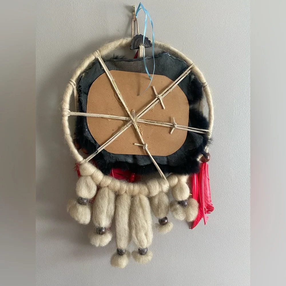 RARE INDIAN VINTAGE LARGE HANDMADE DREAM CATCHER Fur Feather Native Boho 12x18 - Picture 8 of 13
